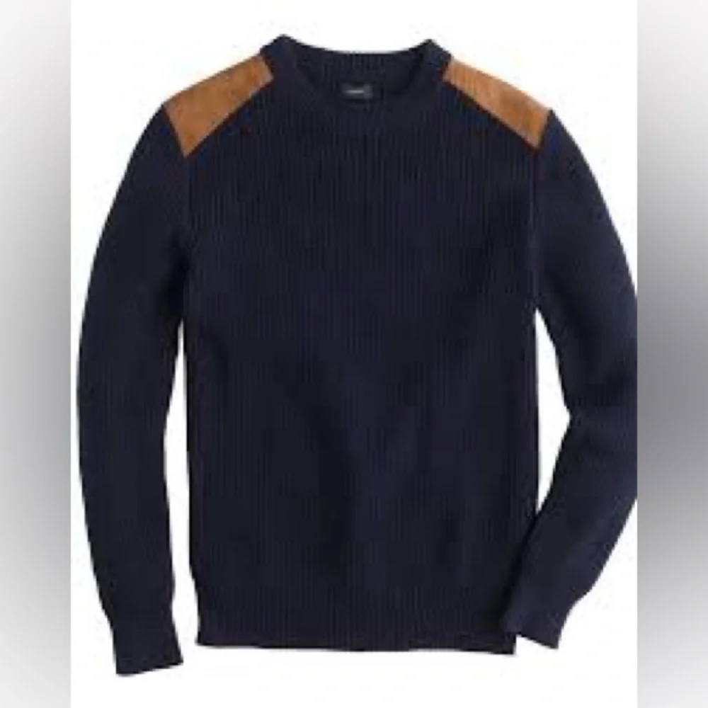 J.Crew Woodsman Crew Neck Suede Shoulder Patch Chunky Ribbed Sweater Navy Sz XS